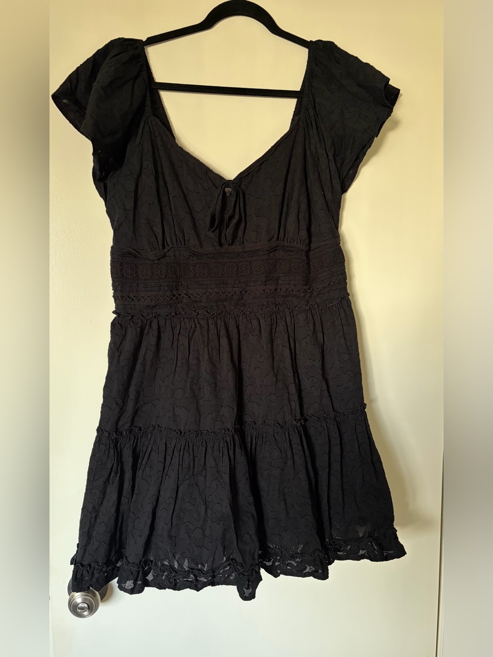 Smocked Waist Black Mini Dress with Puff Sleeves